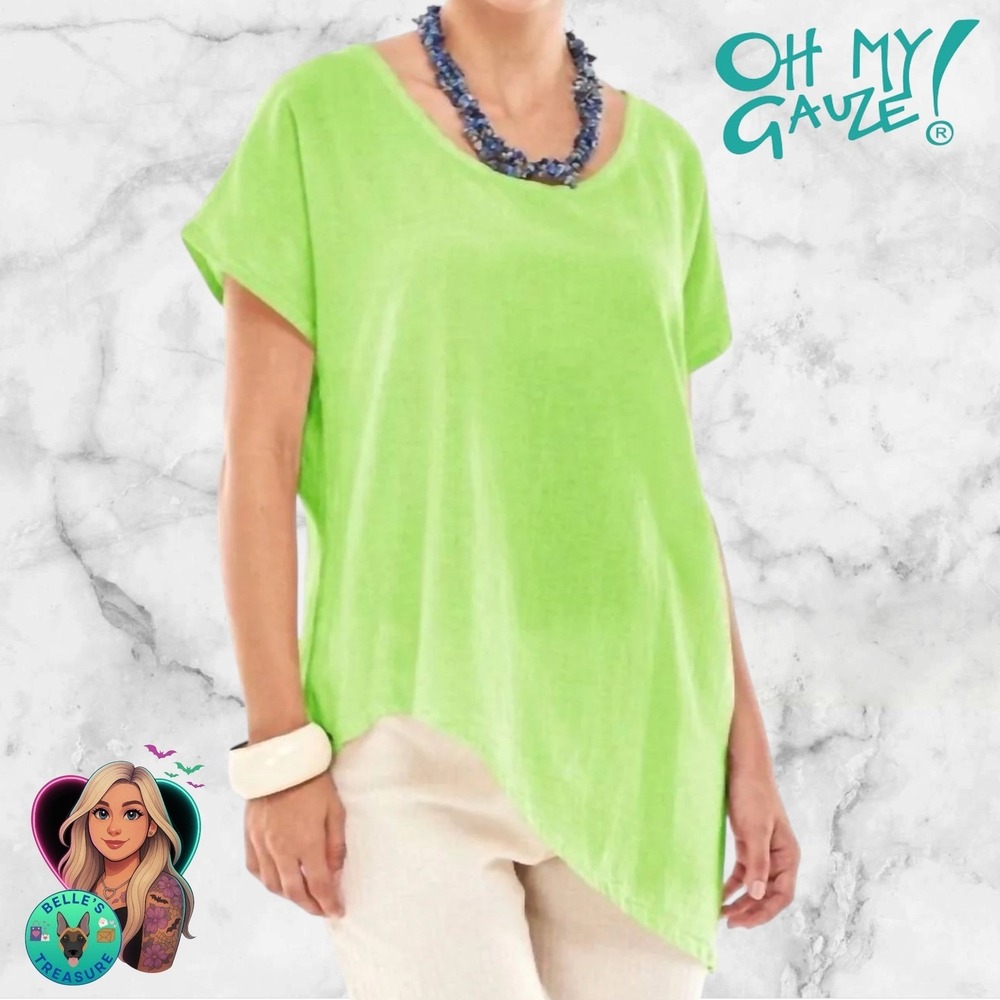 Oh My Gauze‎ Top Women's 3 2XL Lime Green Daytona Asymmetrical   Lagenlook Artsy